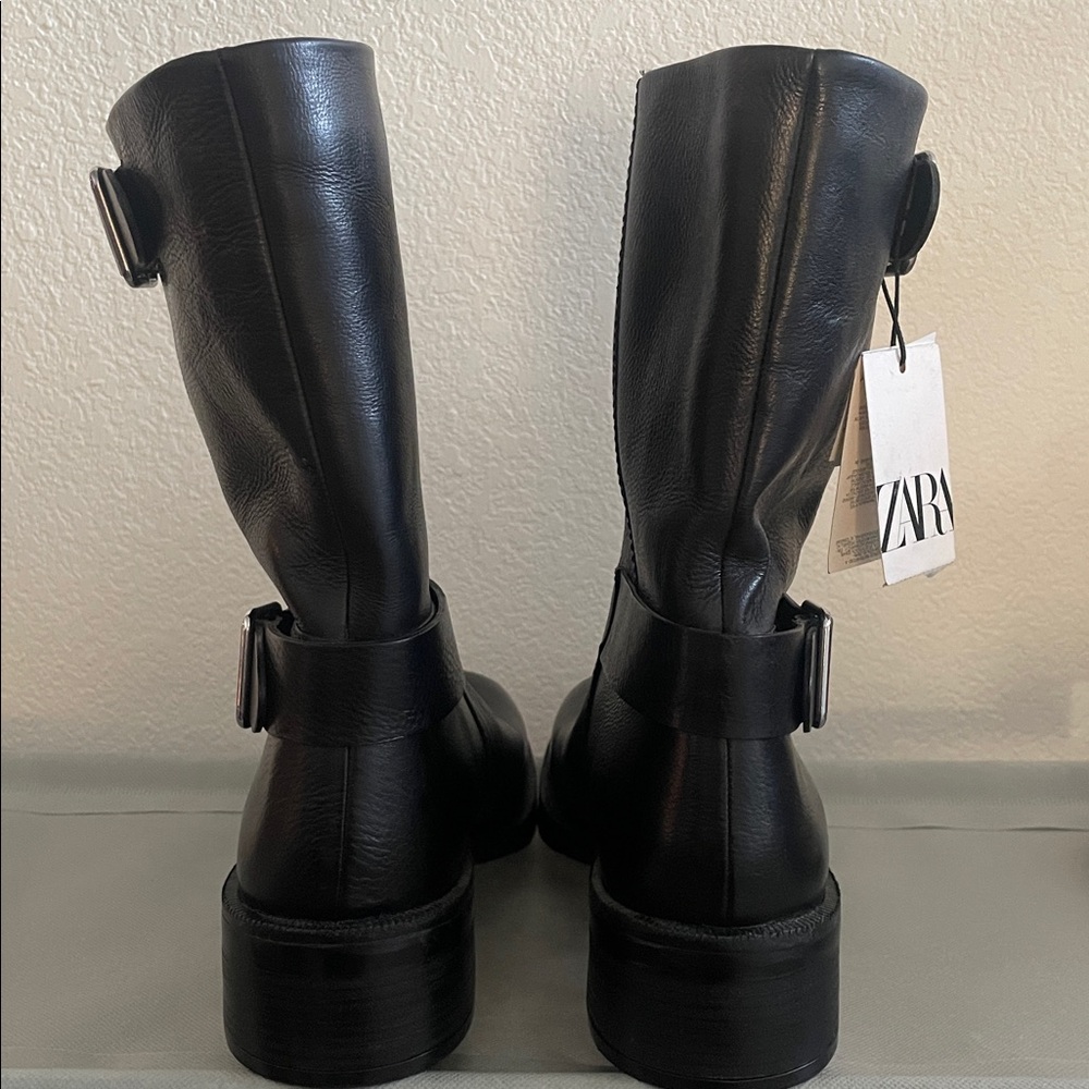 New Zara Women’s Black Buckled Leather Ankle Boots - Picture 3 of 10